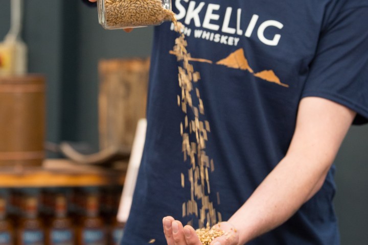 Person pouring grains from glass jar into hand, wearing 'Skellig' whiskey shirt.