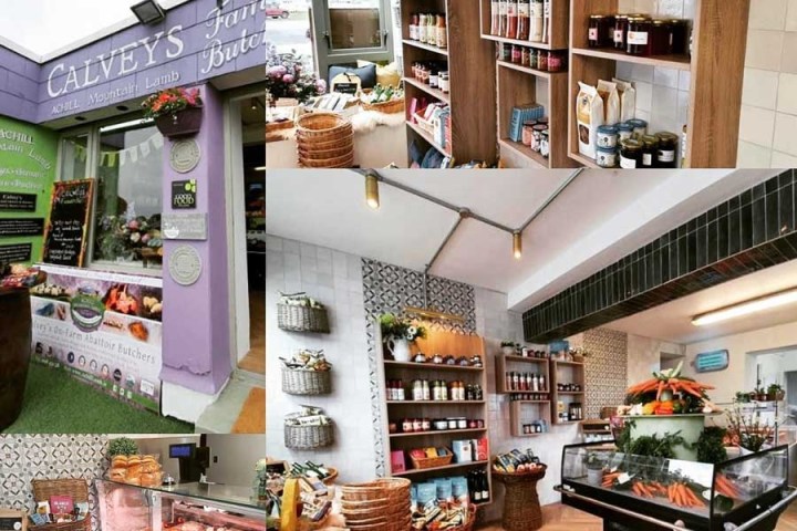 Collage of a farm butcher shop interior with shelves of products and a meat counter.