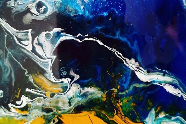 Abstract painting with swirling blue, white, and yellow patterns.