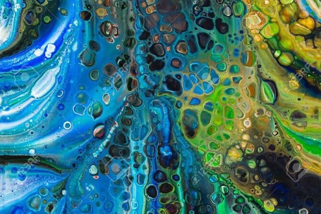 Abstract painting with swirling blue, green, and yellow patterns with cell-like structures.