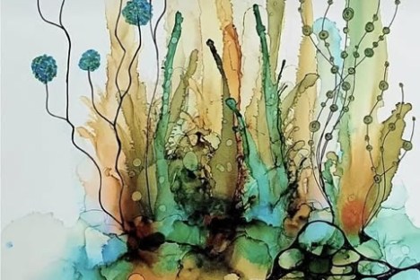 Abstract watercolor art with organic shapes and plant-like designs in green, blue, and orange hues.