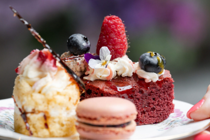 Assorted desserts on a plate with macarons, cake, berries, and flowers.
