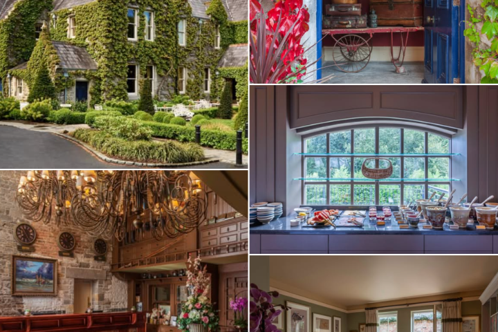 Collage of a vine-covered manor, elegant interiors, and a sunny bedroom with large windows.