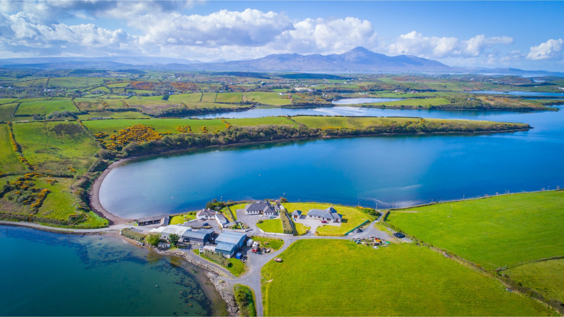 Aerial view of a coastal village with houses, green fields, and a large blue bay.