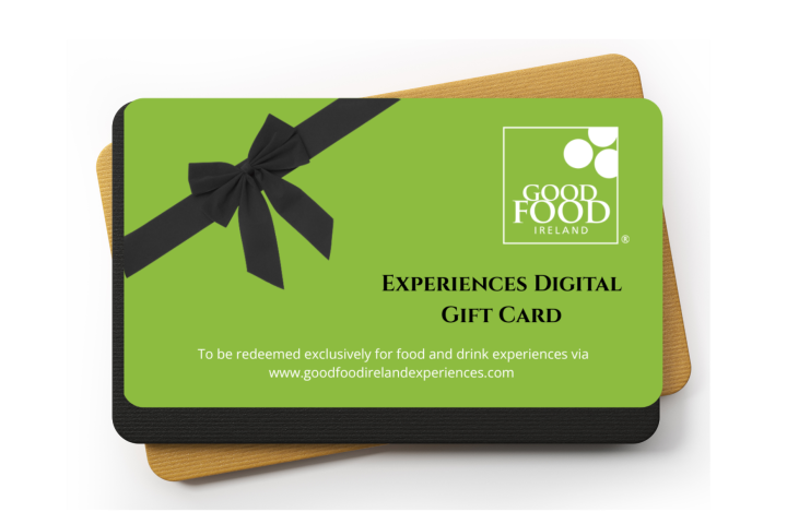 Green gift card with black bow from Good Food Ireland for digital experiences.