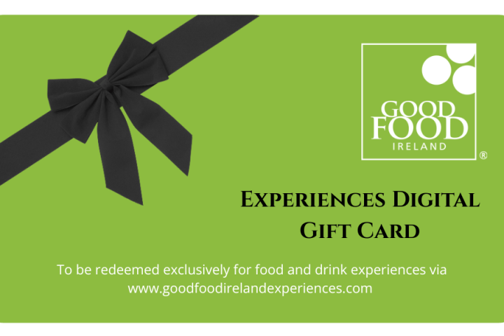 Green gift card with black bow, Good Food Ireland logo, and text: 'Experiences Digital Gift Card'.
