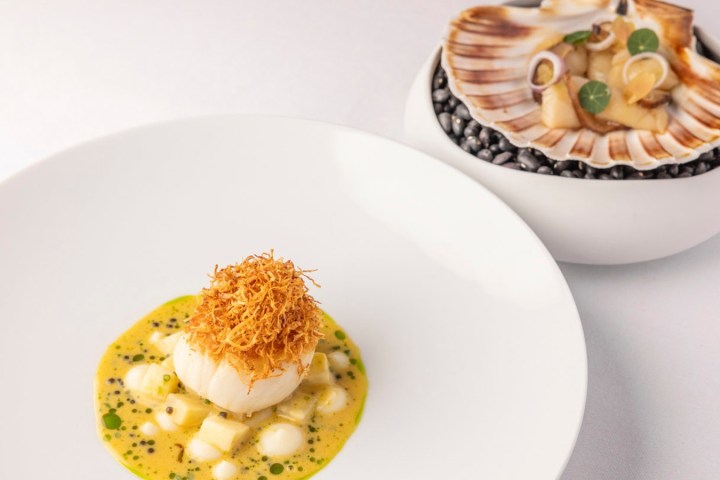 Dish of scallop with sauce and garnish, paired with a shell containing sliced ingredients on black stones.