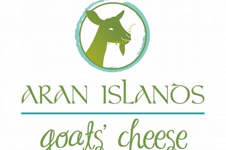 Logo with goat eating grass in circle, text: Aran Islands, goats' cheese.