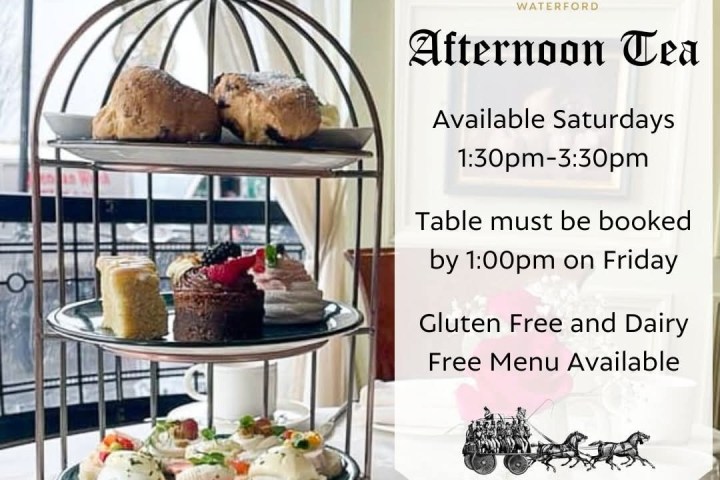 Three-tiered afternoon tea set with pastries and text about Granville Hotel's afternoon tea schedule.