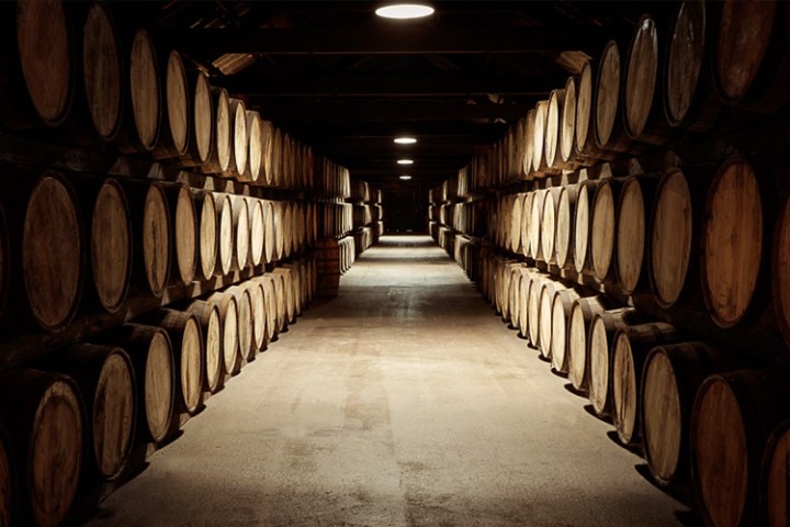 Dimly lit cellar with rows of large wooden barrels lining both sides.