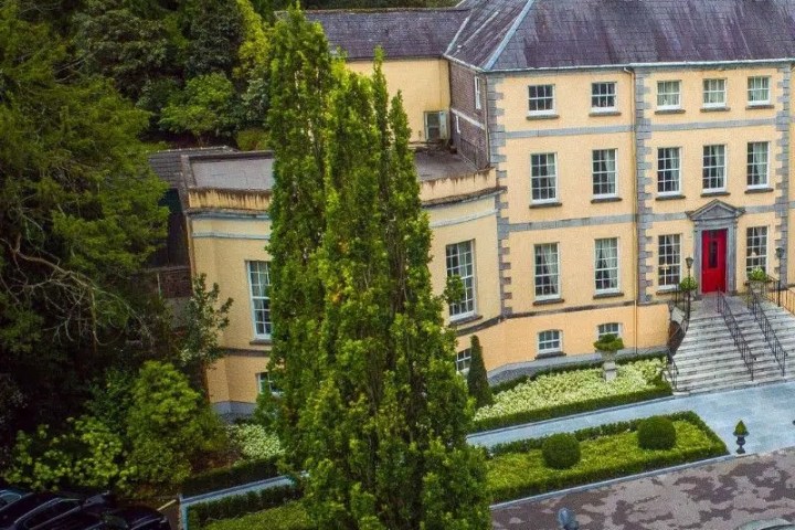 Aerial view of a large yellow mansion with a red door and surrounding trees.
