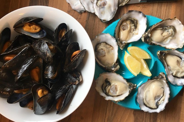 Bowl of cooked mussels and plate of raw oysters on wooden table.
