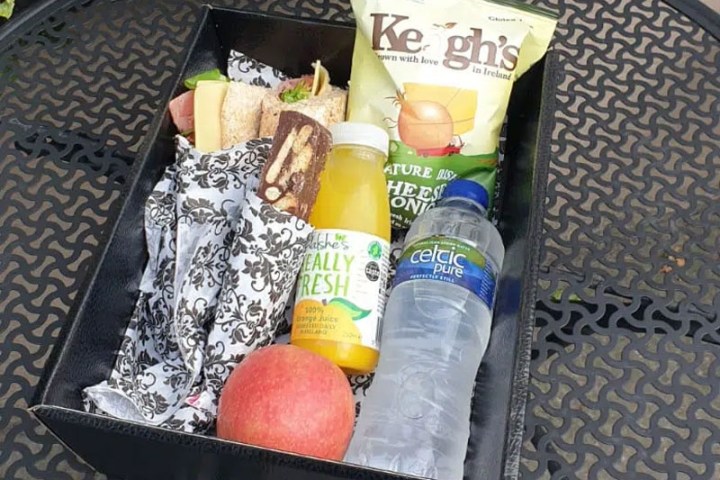 Picnic box with sandwich, chips, juice, water, and an apple on a metal table.