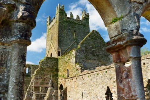 Stone castle ruins with arched window, green grass, and blue sky.