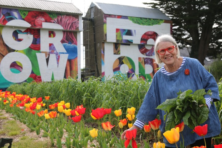 Woman in garden with red and yellow tulips, holding greens; colorful murals with 'GROW' and 'FLOURISH' words.