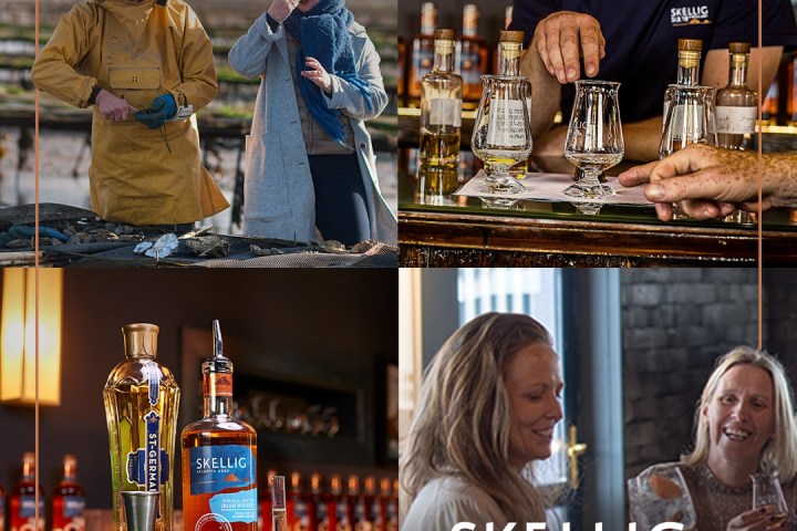Collage of distillery scenes: oyster tasting, whiskey pour, spirits display, two women enjoying drinks.