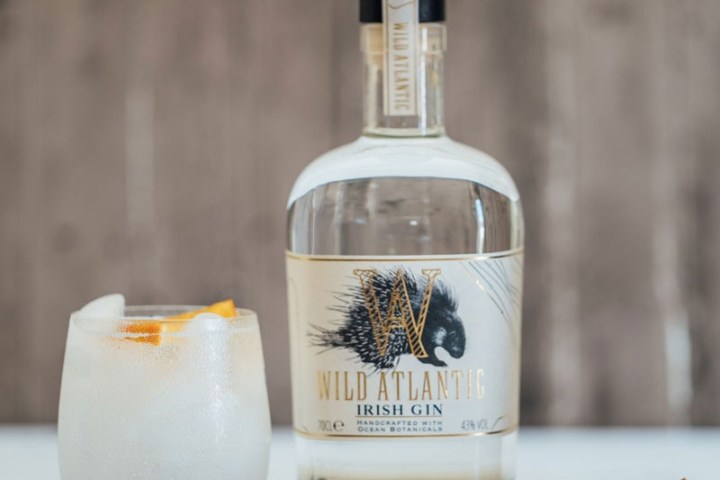 Bottle of Wild Atlantic Irish Gin with a glass and botanical garnishes on a table.