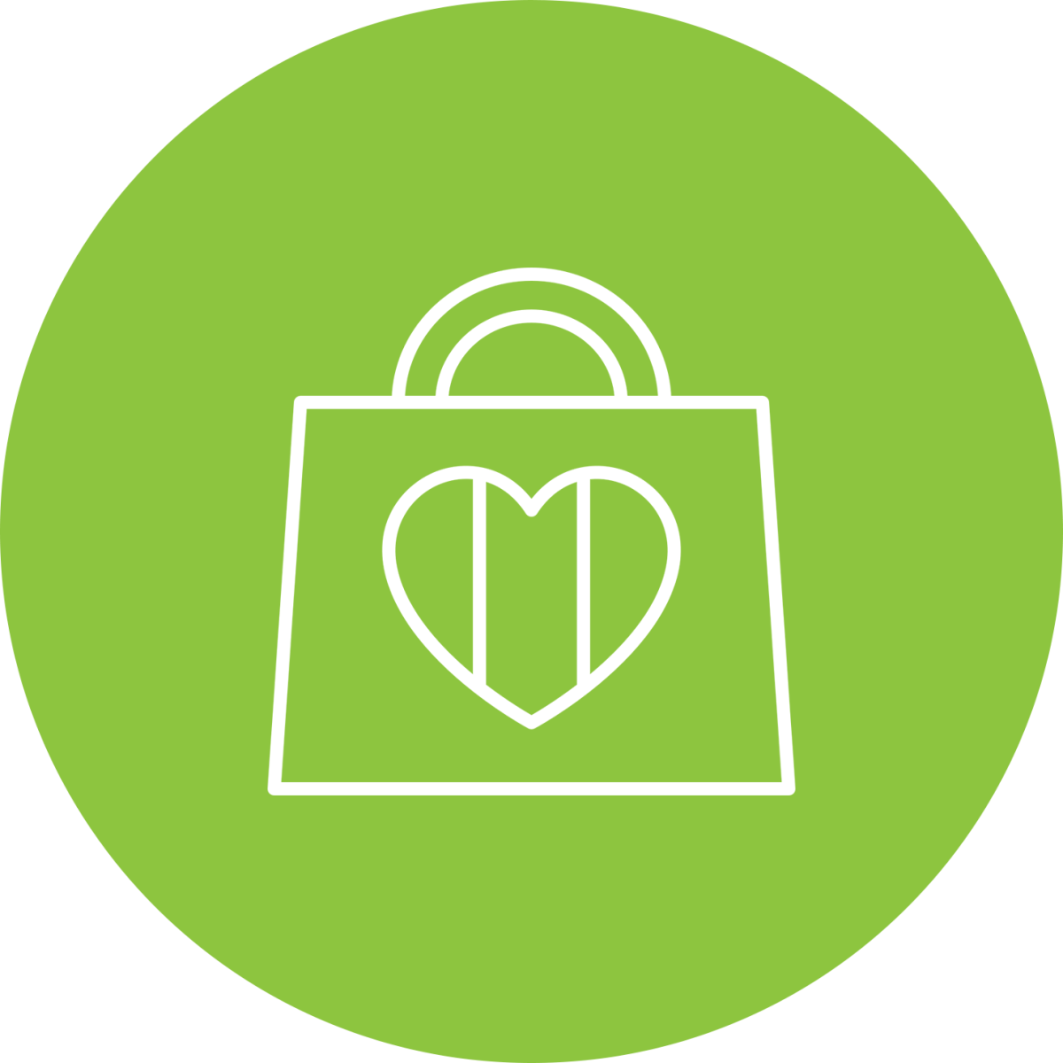 Green circle with a white shopping bag and heart outline.
