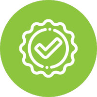 White check mark in a badge on a green circular background.