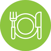 Green circle with white plate, fork, and knife icon