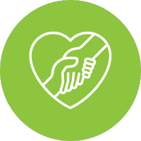 Two hands holding in a heart shape on a green background.
