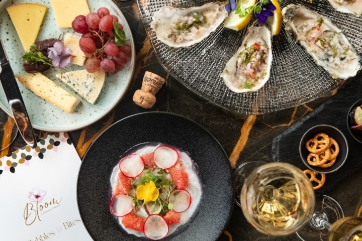 Gourmet spread with oysters, cheese platter, radish carpaccio, pretzels, chips, and sparkling wine on a table.