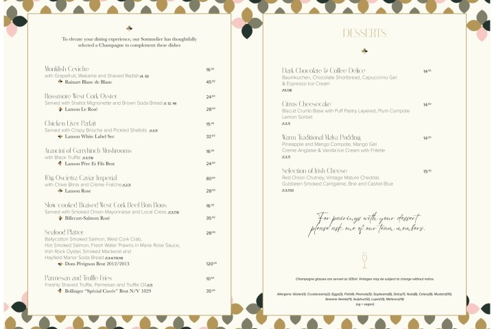 Two-page restaurant menu with starters and desserts, featuring wine pairings and allergy information.