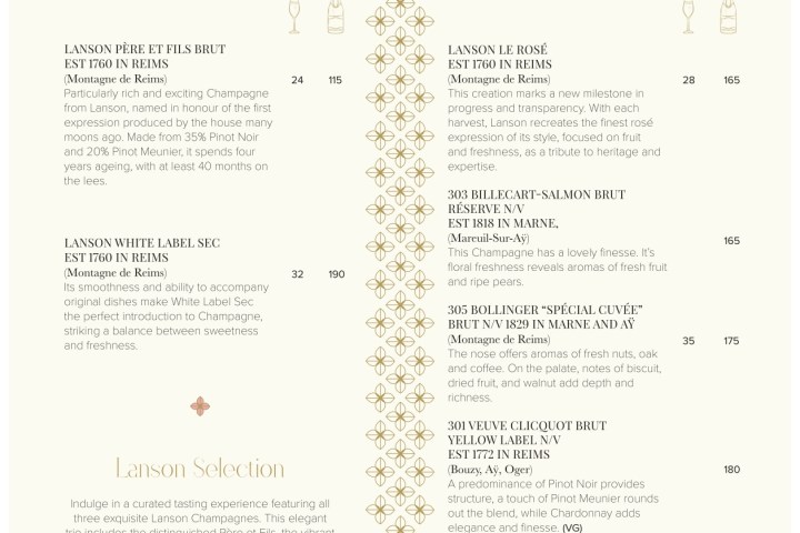 Menu listing different champagnes with descriptions and prices, separated into two categories: The First Bud and In Full Bloom.