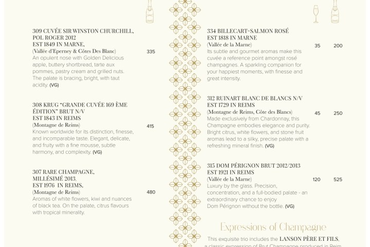 A menu titled 'Golden Petals' and 'The Bloom Prestige Pour' lists various champagnes with descriptions and prices.