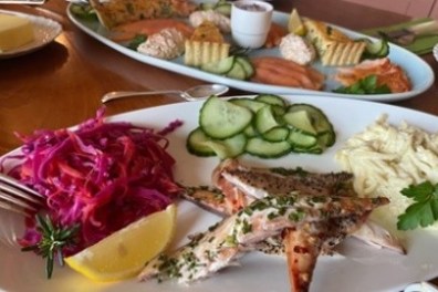 Plates with fish, red cabbage, cucumbers, and potato salad on a wooden table.