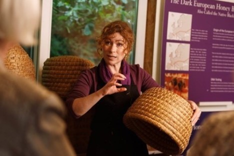 Woman explaining beekeeping with a woven basket in a museum exhibit.