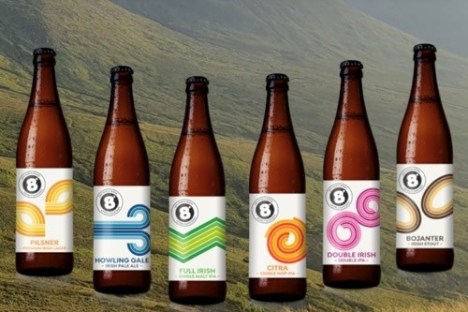 Six craft beer bottles with colorful labels against a hilly landscape background.
